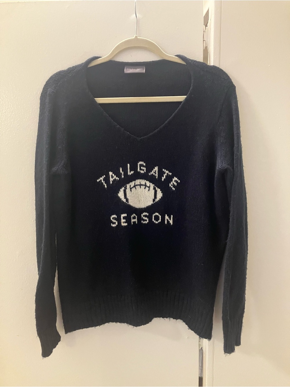 Wooden Ships Tailgate Season Football Sweater Mohair Wool Navy Blue Size S/M.